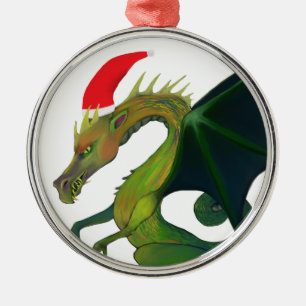 Ornement Rond Argenté Dragon Père Noël