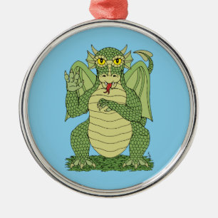 Ornement Rond Argenté Dragon vert mignon