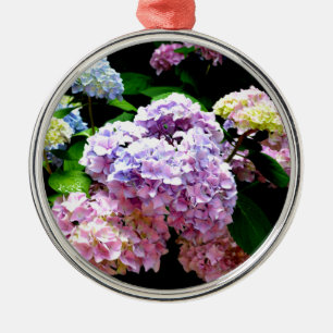 Ornement Rond Argenté Elégant jardin rose violet bleu hydrangée fleurie