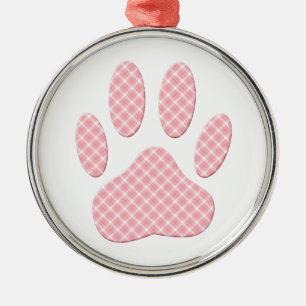 Ornement Rond Argenté Empreinte de patte Tartan Rose Et Blanc
