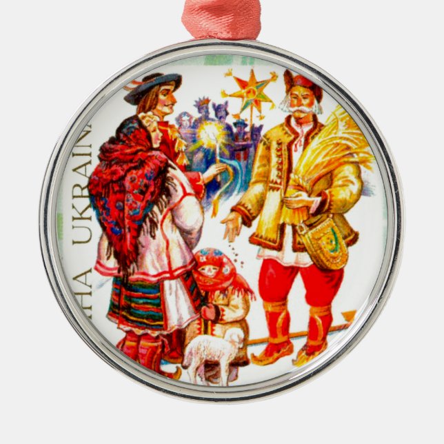 Ornement Rond Argenté Étoile ukrainienne et Didukh de Noël (Devant)