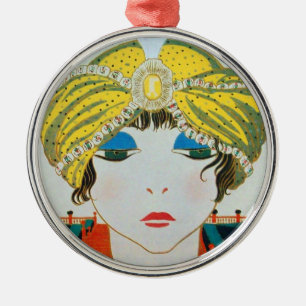 ORNEMENT ROND ARGENTÉ FEMME AVEC TURBAN JAUNE ORIENTAL
