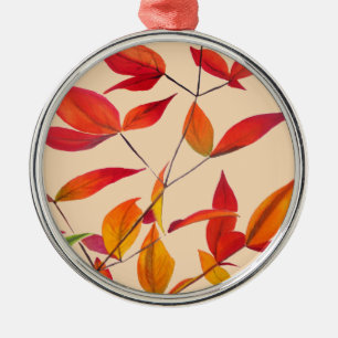 Ornement Rond Argenté Feuilles d'automne orange, aquarelle originale