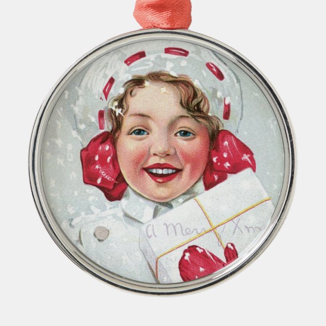 Ornement Rond Argenté Fille de Noël avec forfait (Devant)