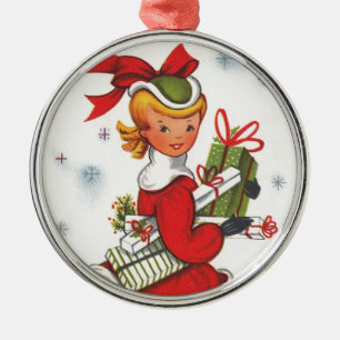 Ornement Rond Argenté Fille de Noël vintage des années 1950