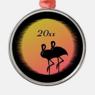 Ornement Rond Argenté Flamants roses couchés de soleil