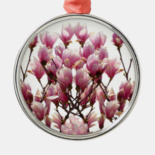 Ornement Rond Argenté Fleur de printemps rose florissante Magnolias