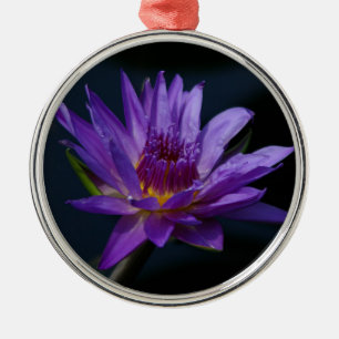 Ornement Rond Argenté Fleur Nénuphar de Lotus pourpre et jaune