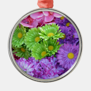 Ornement Rond Argenté Fleurs printanières colorées