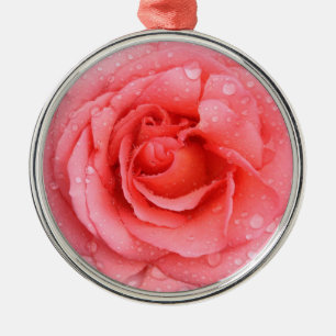 Ornement Rond Argenté Gouttes d'eau de rose rouge romantique