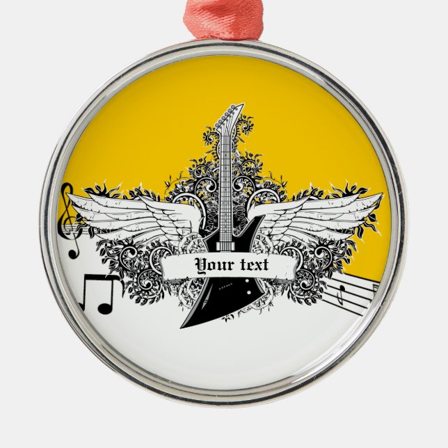 Ornement Rond Argenté Guitare électrique jaune noir avec ailes (Devant)