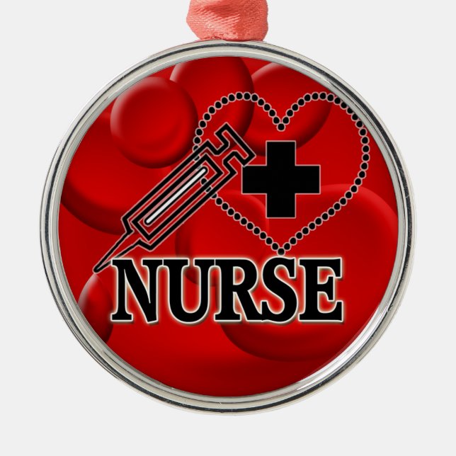 ORNEMENT ROND ARGENTÉ INFIRMIÈRE CELLULES SANGUINES SYRINGE HEART LOGO (Devant)