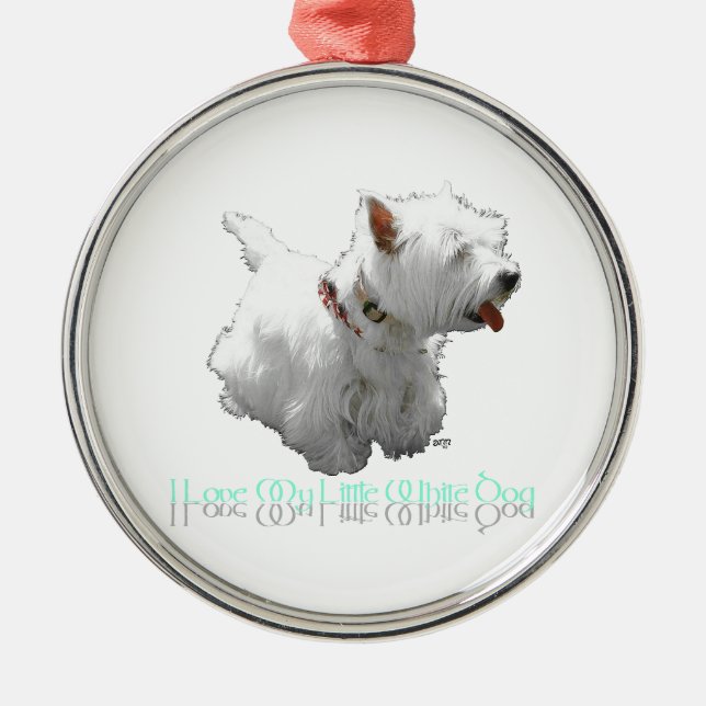 Ornement Rond Argenté J'adore mon petit chien blanc - Westie (Devant)