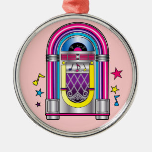 Ornement Rond Argenté Juke-box avec des étoiles et des notes