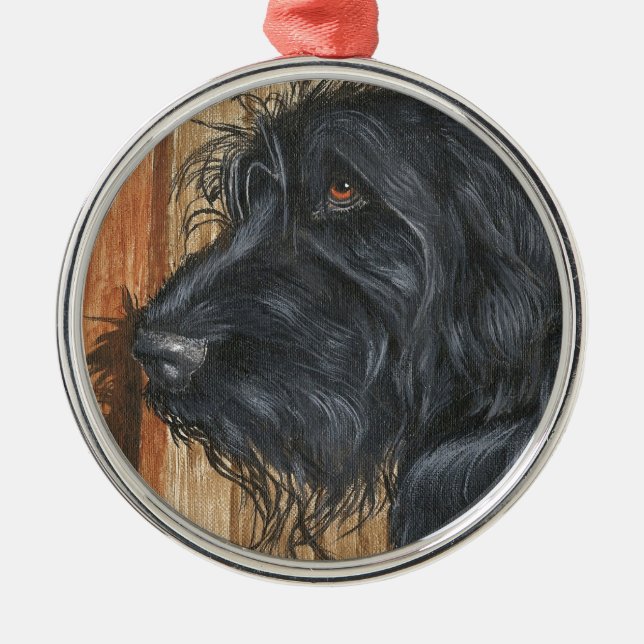 Ornement Rond Argenté Labradoodle noir (Devant)