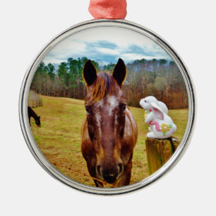 Ornement Rond Argenté Lapin de Pâques et cheval Brown