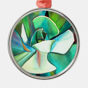 Ornement Rond Argenté L'aquarelle du désert bleu et vert Succulent