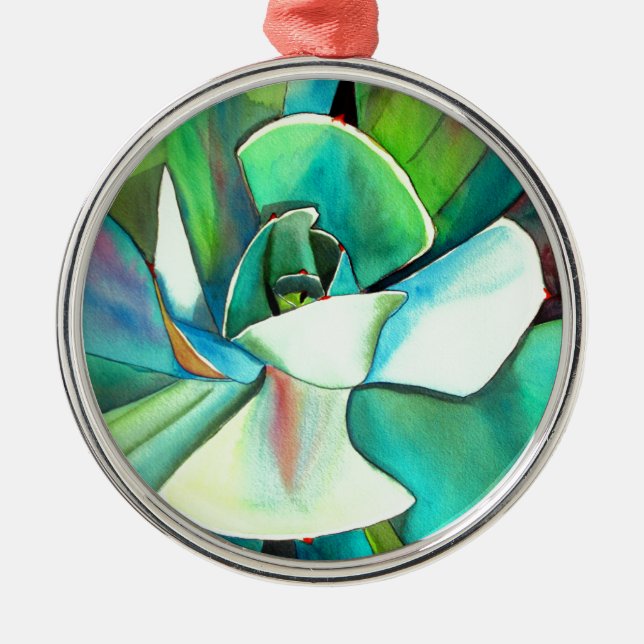 Ornement Rond Argenté L'aquarelle du désert bleu et vert Succulent (Devant)