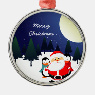 Ornement Rond Argenté Le Père Noël mignon et les pingouins