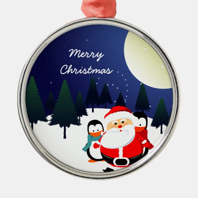 Ornement Rond Argenté Le Père Noël mignon et les pingouins (Devant)