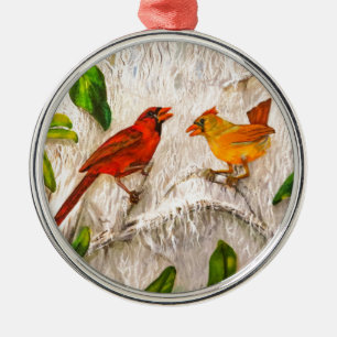Ornement Rond Argenté Les Redbirds de Noël. Chant d'amour