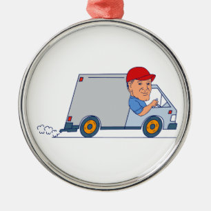 Ornement Rond Argenté Livreur conduisant Truck Van Cartoon