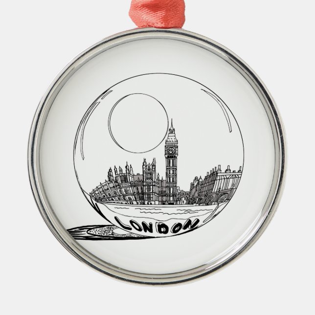 Ornement Rond Argenté Londres dans une boule de verre. (Devant)