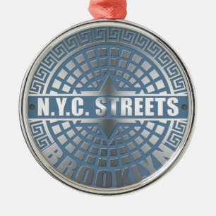 Ornement Rond Argenté Manhole Cover Brooklyn Blue
