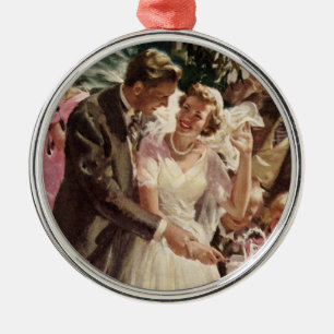 Ornement Rond Argenté Mariés de mariage vintage coupant le gâteau