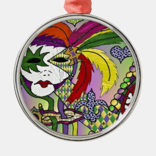 Ornement Rond Argenté Masque de plumes de Mardi Gras psychédélique
