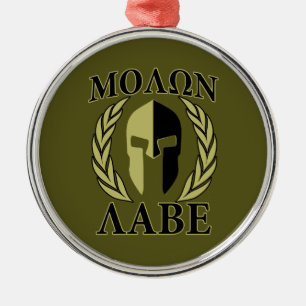 Ornement Rond Argenté Molon Labe Laurels en Masque Spartiate Vert olive