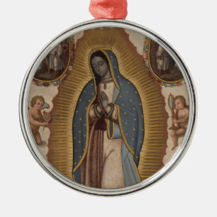 ORNEMENT ROND ARGENTÉ NOTRE-DAME DE GUADALUPE PRIEZ POUR NOUS