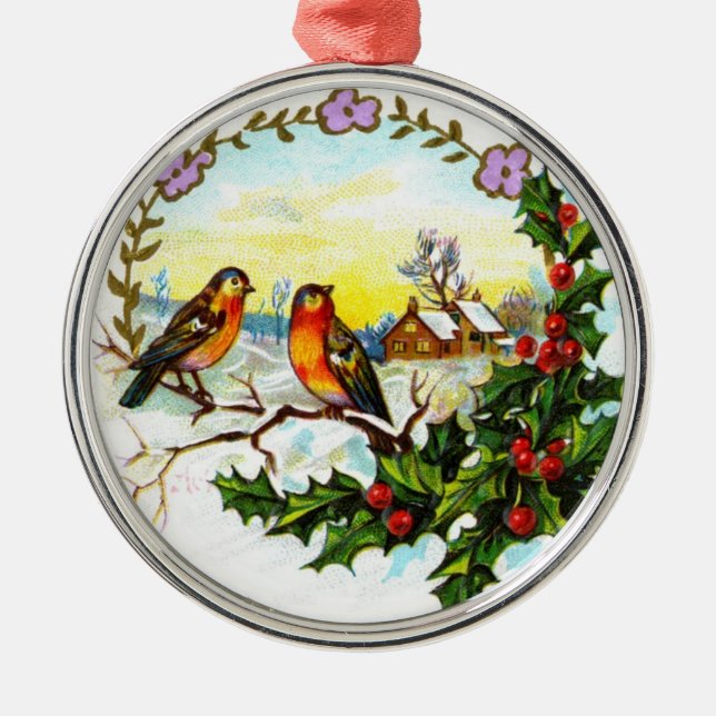 Ornement Rond Argenté Oiseaux de Noël victoriens (Devant)