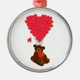 Ornement Rond Argenté Ours en peluche et ballons cardiaques