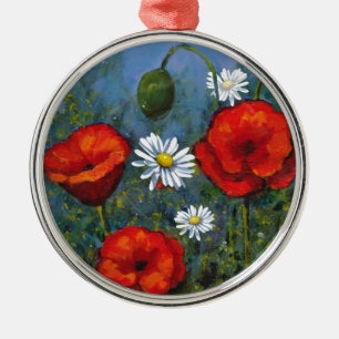 Ornement Rond Argenté Pavots et marguerites : Art floral, fleurs