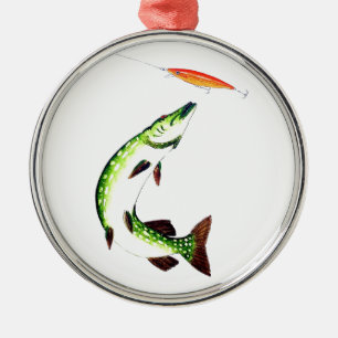 Ornement Rond Argenté Pêche au brochet et pêche à la mouche