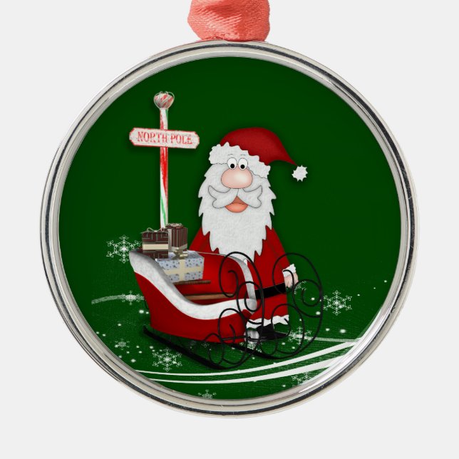 Ornement Rond Argenté Père Noël et son Sleigh Christmas (Devant)