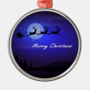 Ornement Rond Argenté Père Noël Sleigh Moon Joyeux Noël