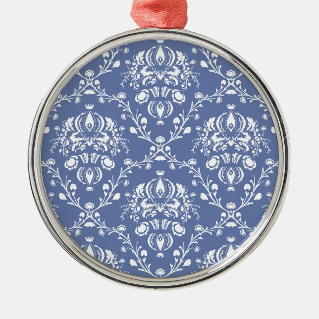 Ornement Rond Argenté Périwinkle bleu et blanc Damas (Devant)