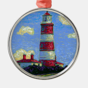 Ornement Rond Argenté Phare Pastel et champs de lavande