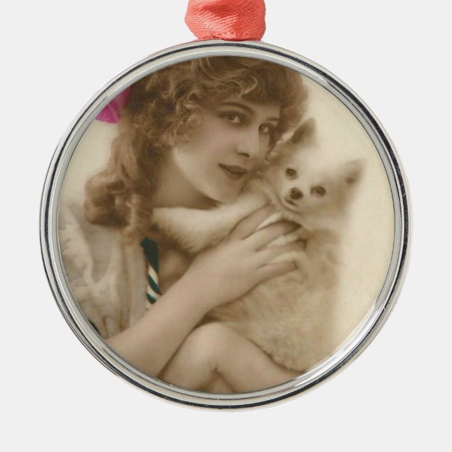 Ornement Rond Argenté Photo antique Victorian Woman and Dog (Devant)