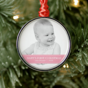 Ornement Rond Argenté Photo personnalisée simple rose et blanc Noël