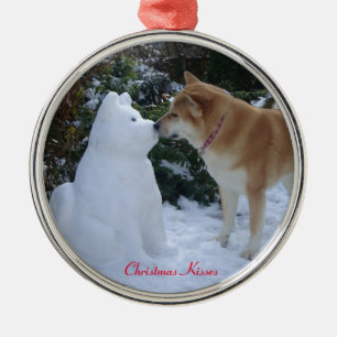 Ornement Rond Argenté photo saisonnière de baiser mignonne d'akita de