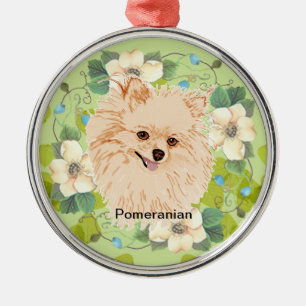 Ornement Rond Argenté Pomeranian - conception verte de feuille