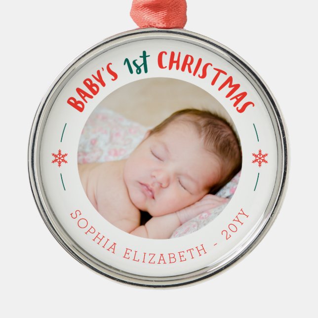 Ornement Rond Argenté Première conservation de Noël du bébé (Devant)