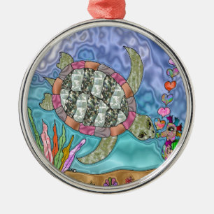 Ornement Rond Argenté Psychédélic Sea Turtle Seahorse