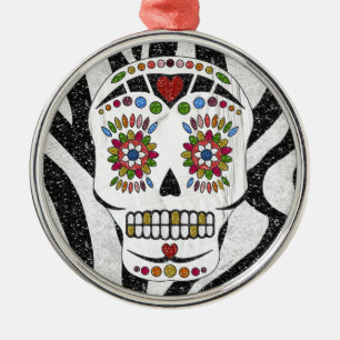 Ornement Rond Argenté RAB Rockabilly Sugar Skull on Zebra