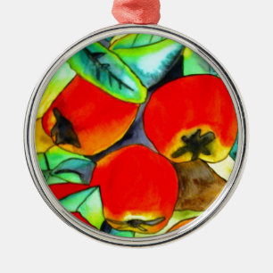 Ornement Rond Argenté Red Apples aquarelle art original