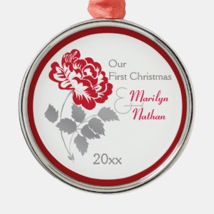 Ornement Rond Argenté Red Peony First Christmas Keepsaké Orament