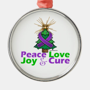 Ornement Rond Argenté Ribbon violet Noël Paix Amour, Joie & Cure